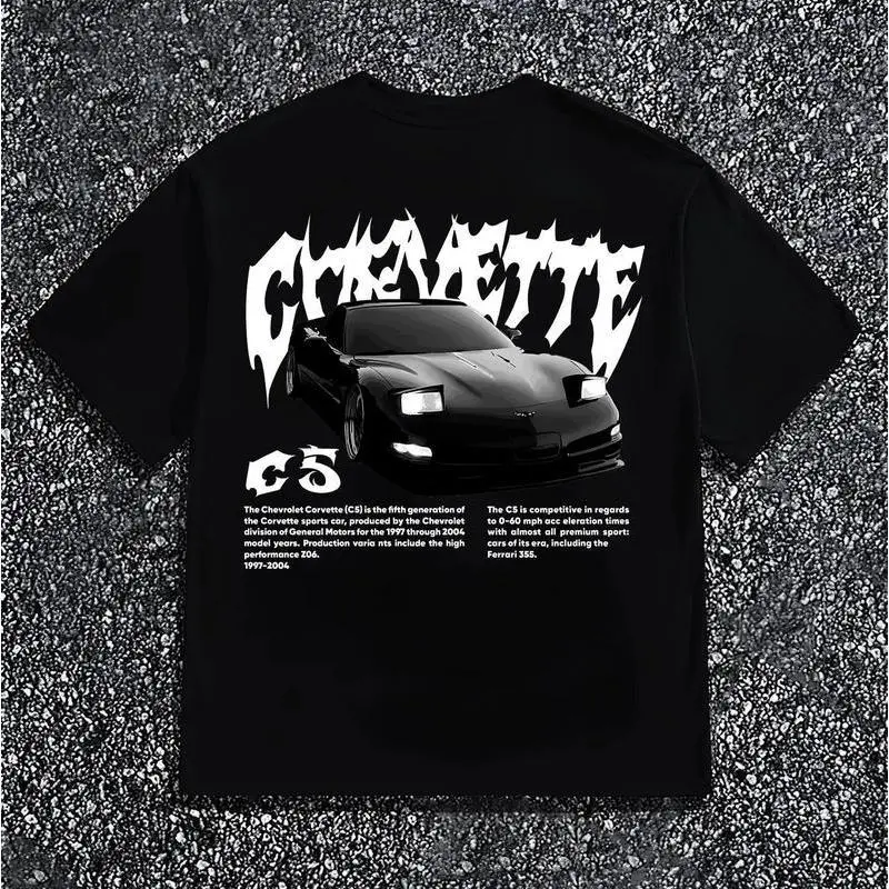 Corvette C5 Chevy Racing Car Graphic Tee, Retro Streetwear Heavyweight Cotton Loose Fit Plus Size T-Shirt for Car Enthusiasts