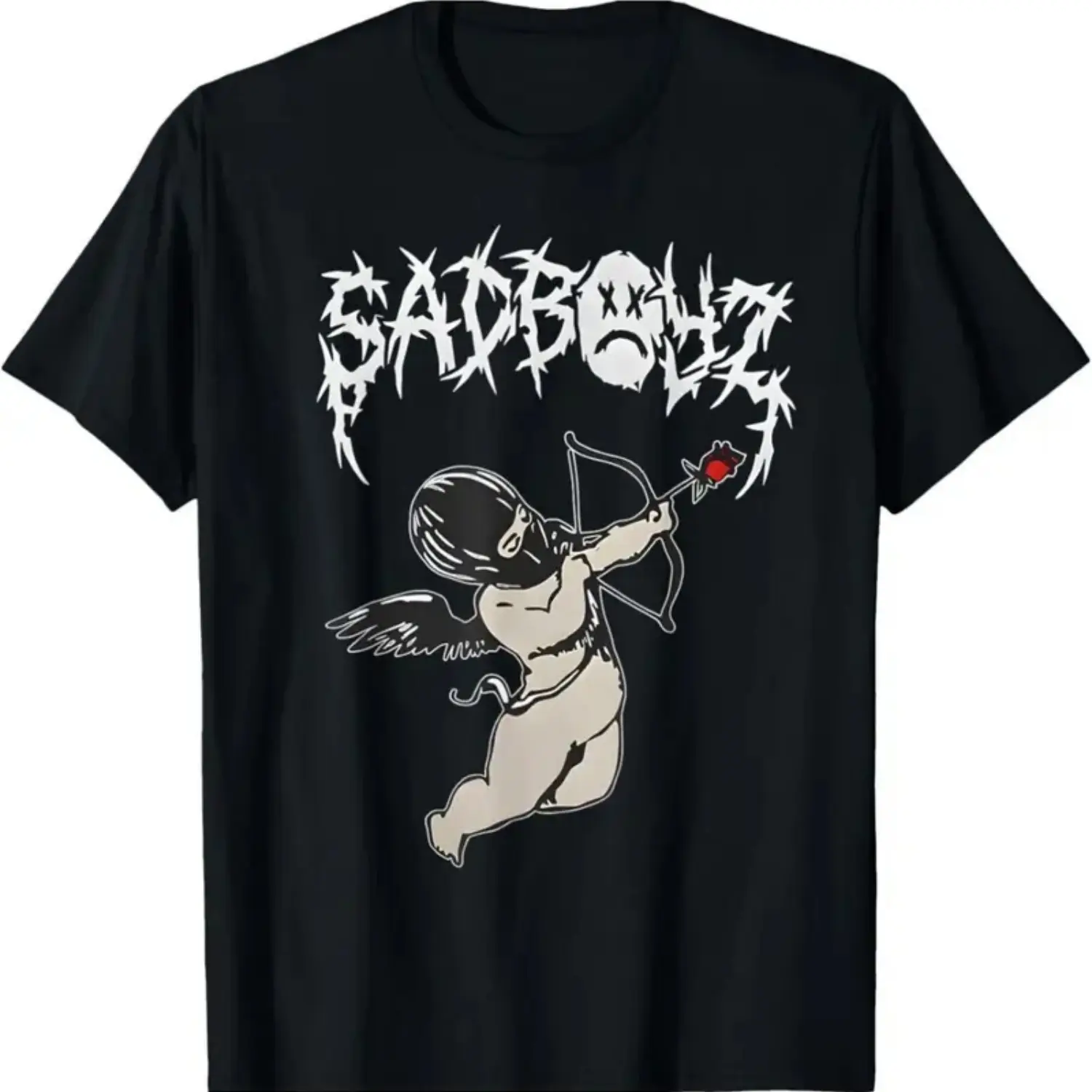 Junior H Sad Boyz Cupid Graphic Tee, Corridos Tumbados Belicos Mexico Music T-Shirt, Gothic Lettering Cotton Crew Neck Unisex Black Shirt