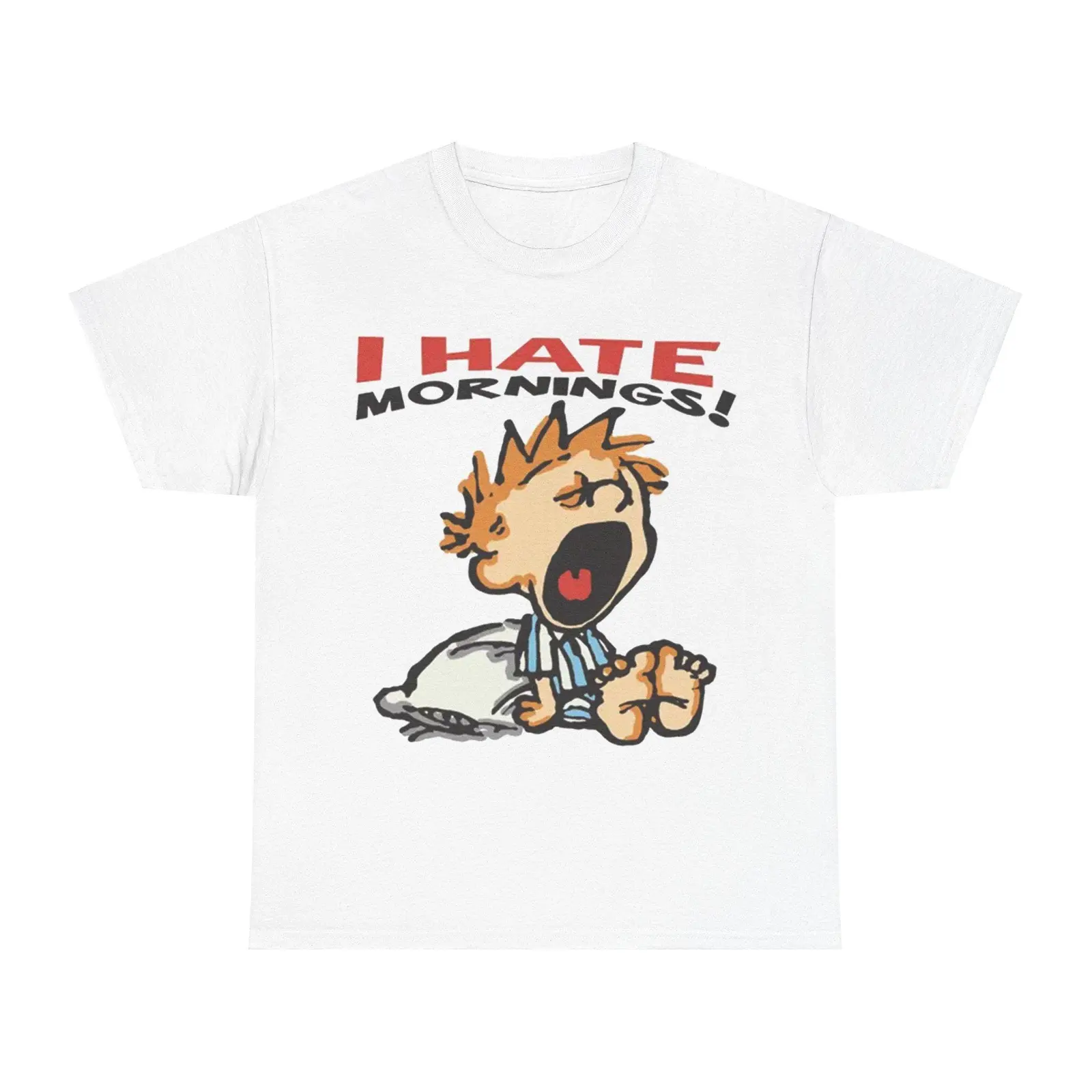 I Hate Mornings Oversized Vintage Retro Cartoon Graphic Tee, Calvin Yawning Funny Y2K 90s Baggy Fit Streetwear Unisex Cotton T-Shirt