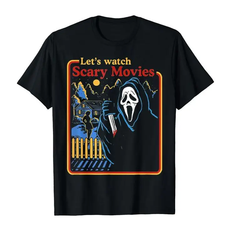 Let's Watch Scary Horror Movies Ghostface Funny Halloween Graphic Tee, Retro Vintage Oversized Cotton Unisex Ghost T-Shirt