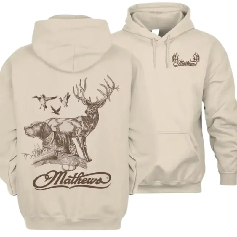 Mathews Hunting Dog and Buck Two-Sided Bowhunting Graphic Hoodie, Outdoor Hunter Deer Antler Streetwear Pullover, Unisex Casual Hoodie