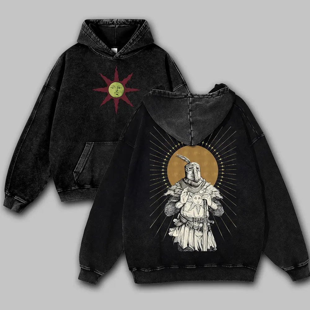 Dark Souls Solaire of Astora Sun Knight Washed Hoodie, Vintage 80s 90s Anime Game Streetwear Front and Back Print Heavyweight Pullover