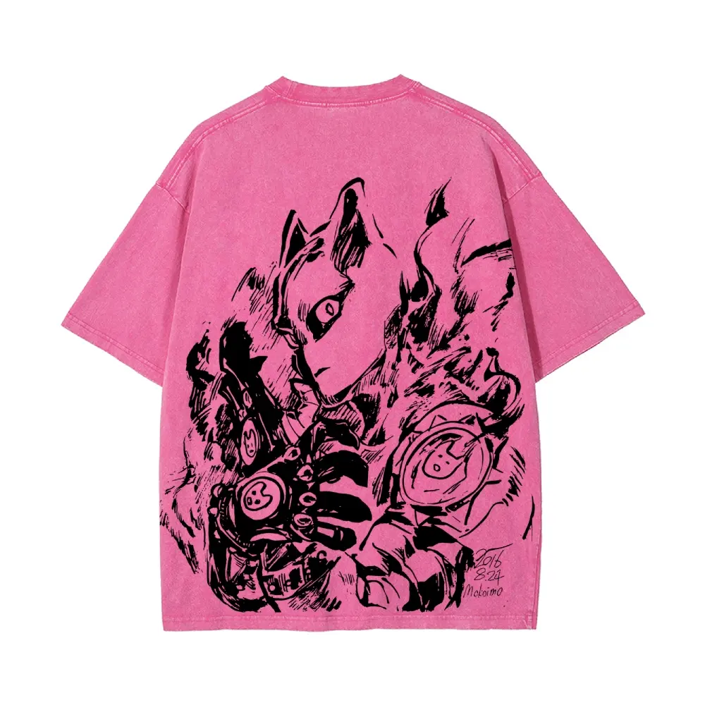 JoJo's Bizarre Adventure Killer Queen Sketch Style Anime Washed Tee, Retro Acid Wash Two-Sided Graphic Short Sleeve Cotton Unisex T-Shirt