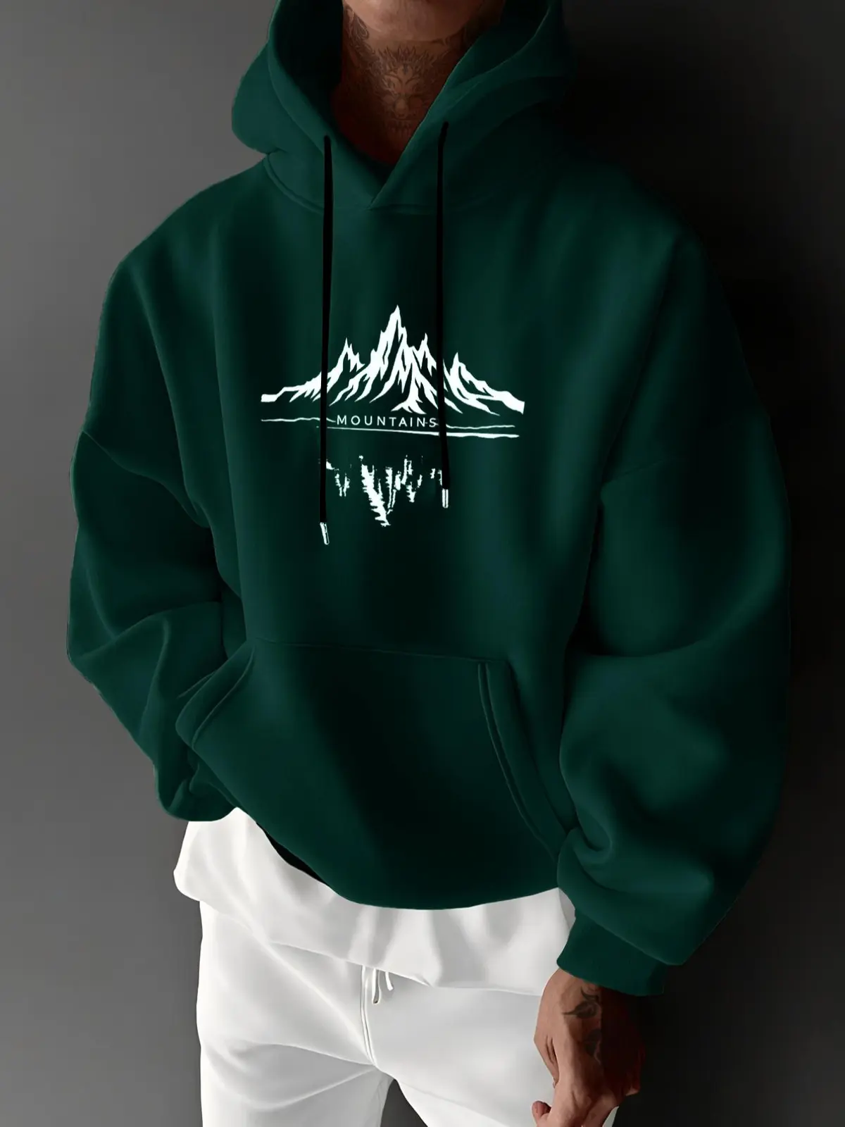 Mountain Graphic Printed Hoodie, Nature Inspired Mountain Peak Reflection Outdoor Streetwear Oversized Casual Pullover Hooded Sweatshirt
