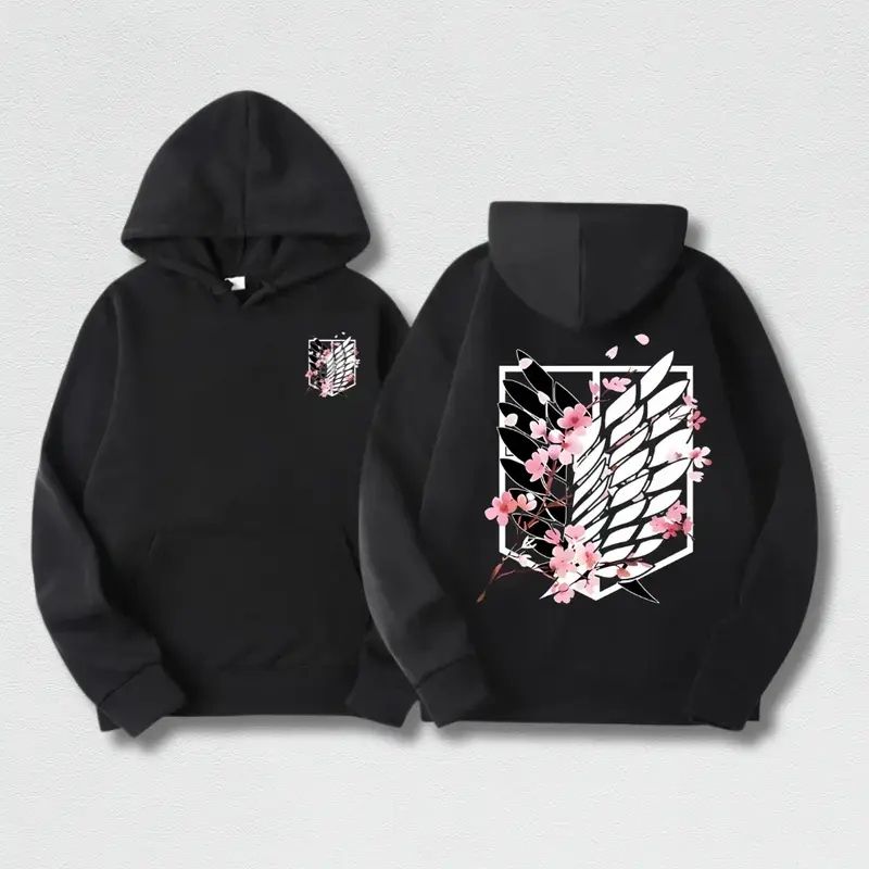 Attack on Titan Survey Corps Wings of Freedom Graphic Hoodie and Tee, Cherry Blossom Anime Front and Back Print Harajuku Streetwear Pullover