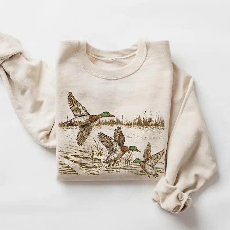 Retro Duck Nature Sweatshirt, 90s Vintage Wildlife Mallard Sweater Boho Cabincore Rustic Cabin Hunting Season Unisex Crewneck