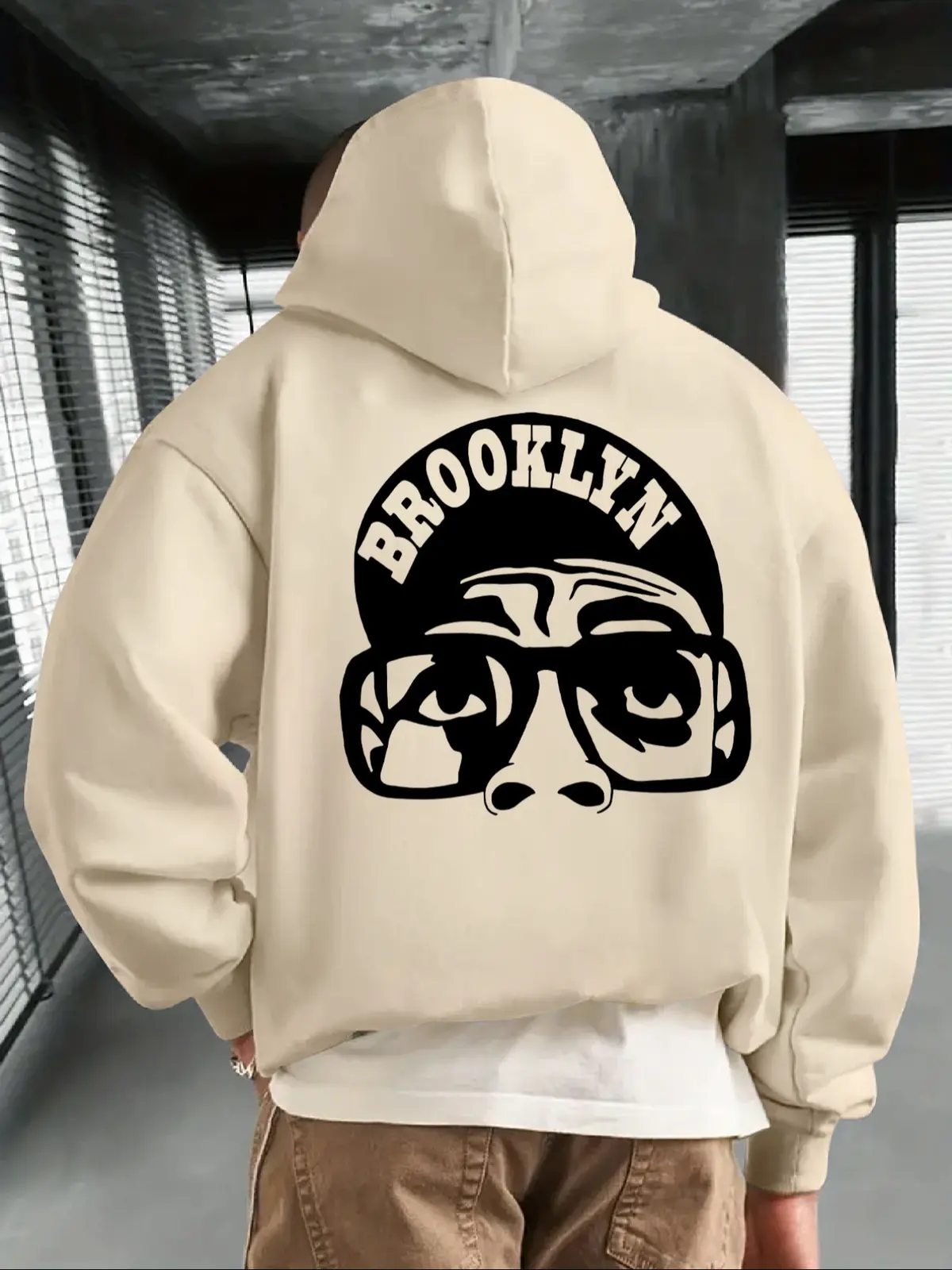 Brooklyn Letter Boy with Glasses Graphic Print Hoodie, Two-Sided Streetwear Fleece Pullover Hooded Sweatshirt for Fall and Winter