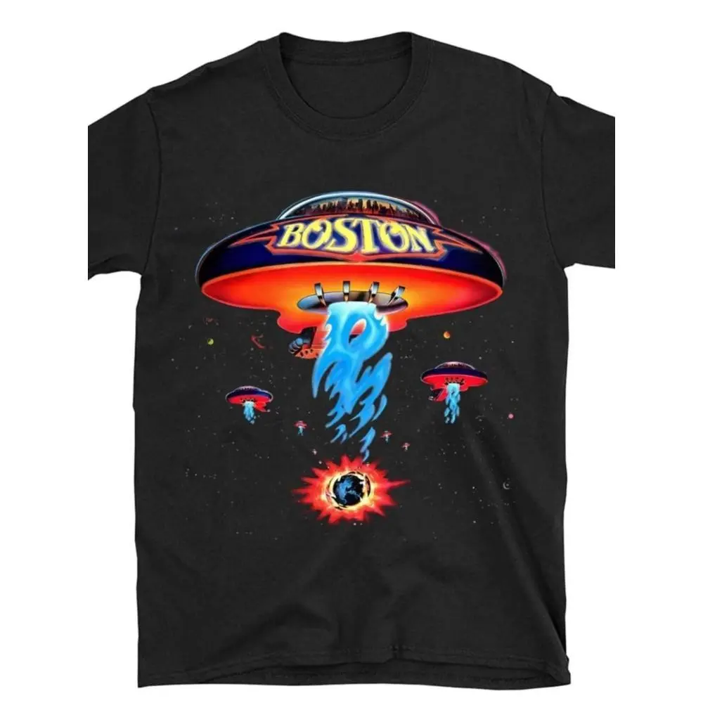 Boston Band Spaceship Poster Graphic Tee, 70s Classic Rock Band Album Art Vintage Style Unisex 100% Cotton Black T-Shirt