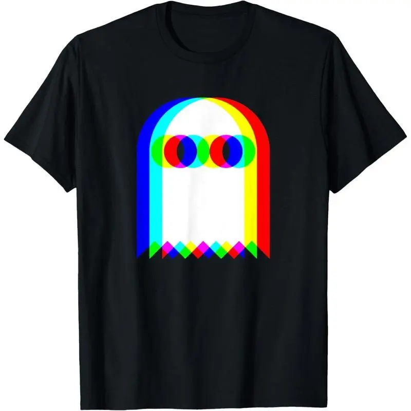 Trippy Vaporwave Ghost Graphic Tee, Retro RGB Glitch Light Pattern Print Streetwear Club Apparel Regular Fit Cotton Crew Neck T-Shirt