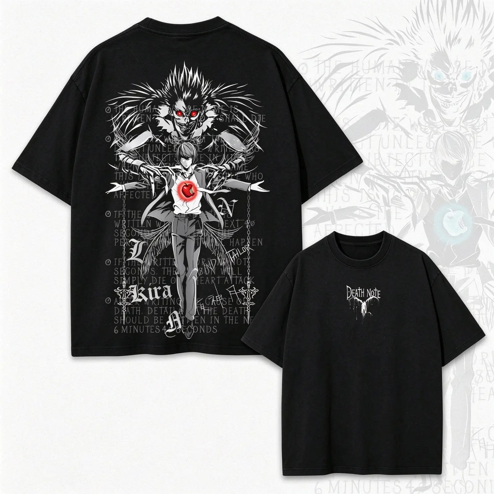 Death Note Ryuk and Light Yagami Kira Anime Graphic Tee, Vintage Grunge Aesthetic Two-Sided Acid Washed Baggy Oversized Streetwear T-Shirt