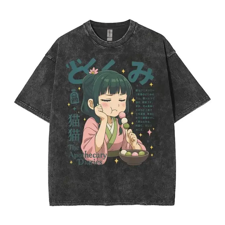 The Apothecary Diaries Maomao Anime Graphic Tee, Vintage Distressed Washed Cute Manga Figure Print Crew Neck Short Sleeve Cotton T-Shirt