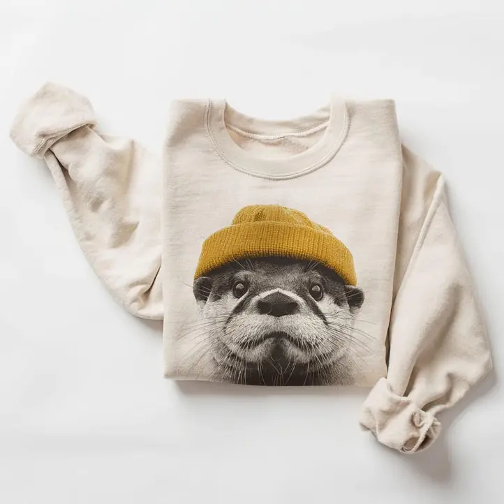 Retro River Otter Beanie Sweatshirt, Vintage Cozy Animal Crewneck, Cute Forest Critter Otter Lovers Graphic Unisex Winter Pullover