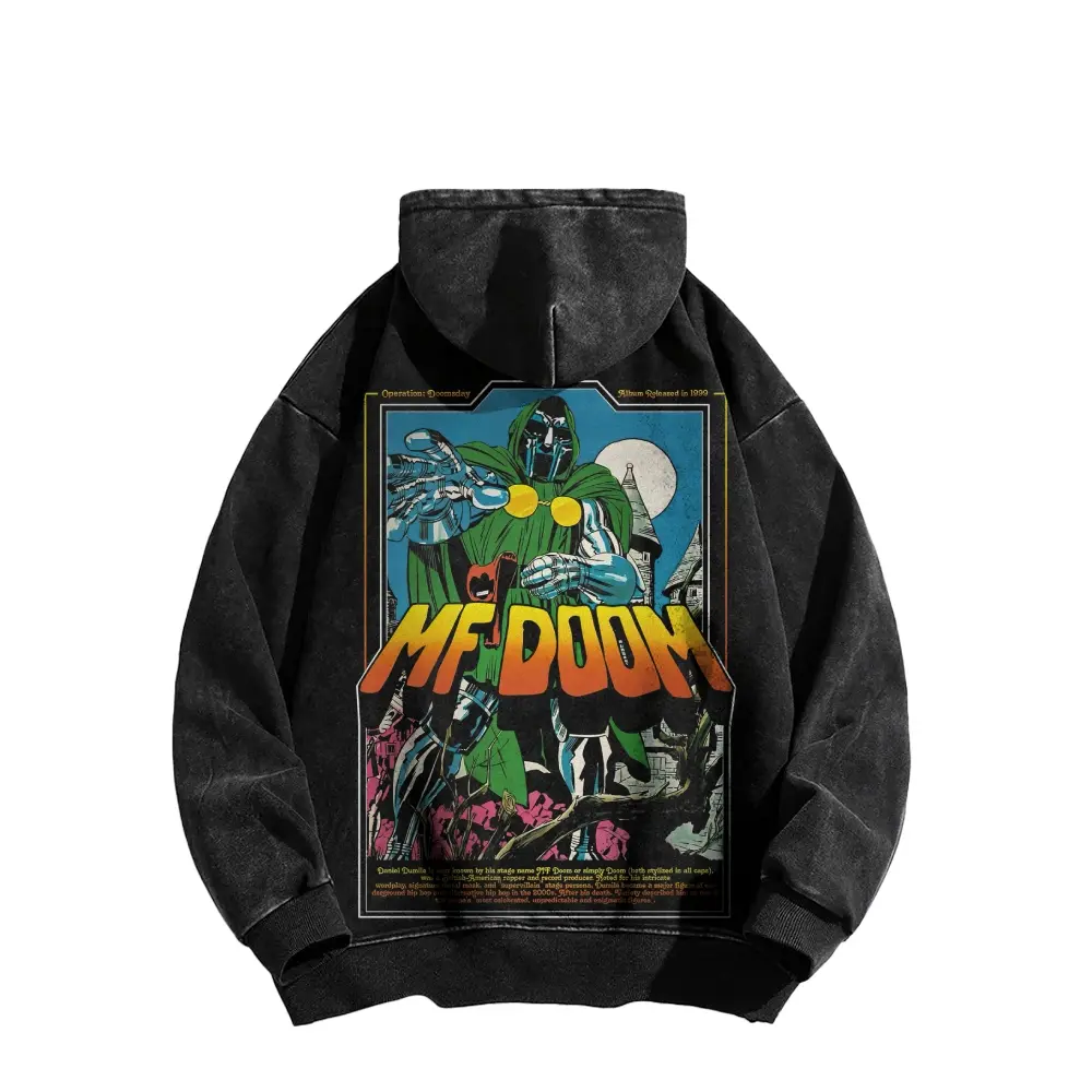 MF DOOM Acid Wash Hoodie, 90s Hip Hop Rapper Vintage Streetwear Graphic Double-Sided Print Unisex Cotton Washed Pullover Hoodie