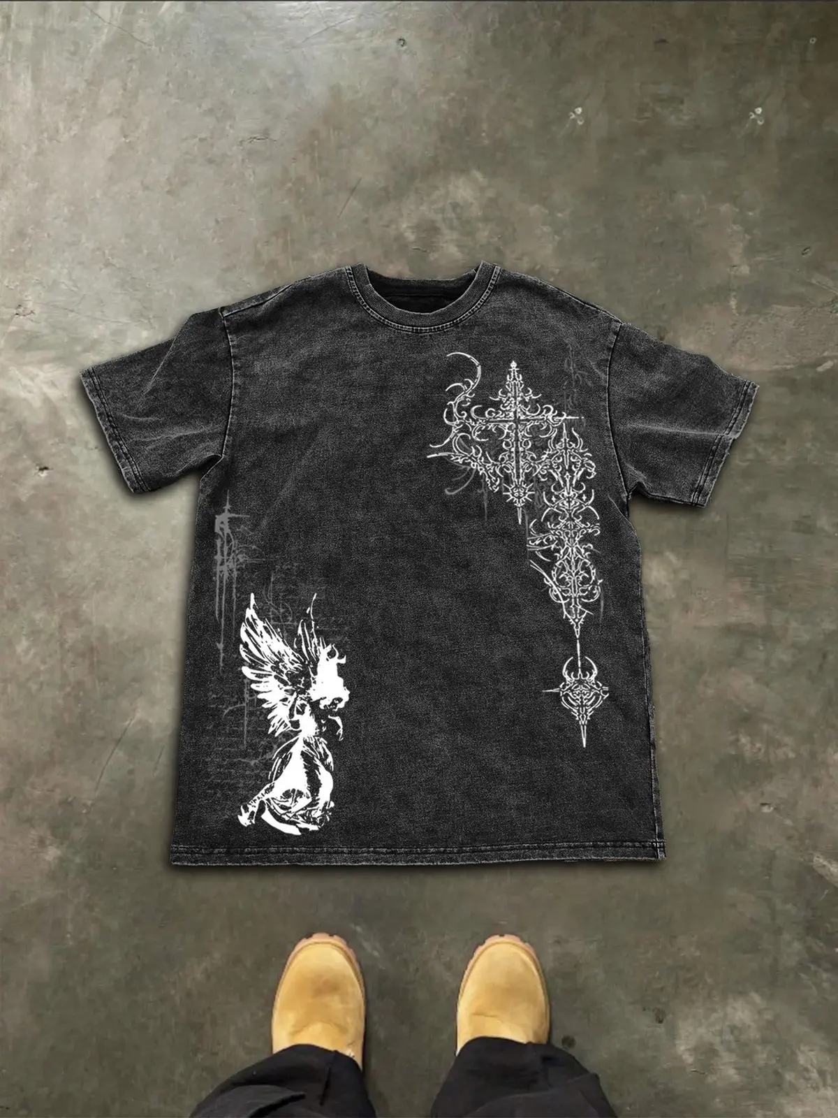 Gothic Cross and Angel Graphic Tee, Vintage Washed Cotton Streetwear T-Shirt, Dark Grunge Loose Fit Short Sleeve Unisex Washed Shirt