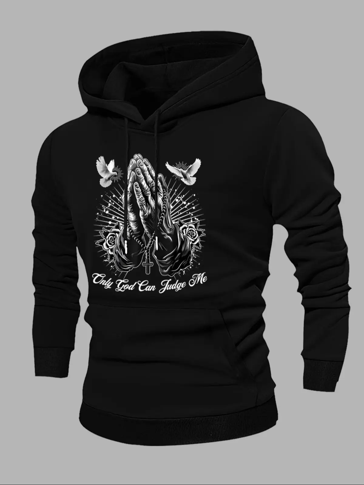 Only God Can Judge Me Praying Hands with Doves and Roses Graphic Hoodie, Christian Streetwear Letter Print Drawstring Fleece Pullover for Men
