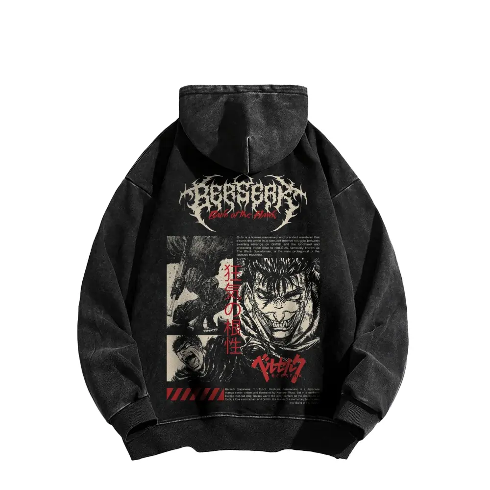 Berserk Guts Band of the Hawk Anime Manga Washed Hoodie, Vintage Metal Logo Front and Back Print Streetwear Oversized Hooded Sweatshirt