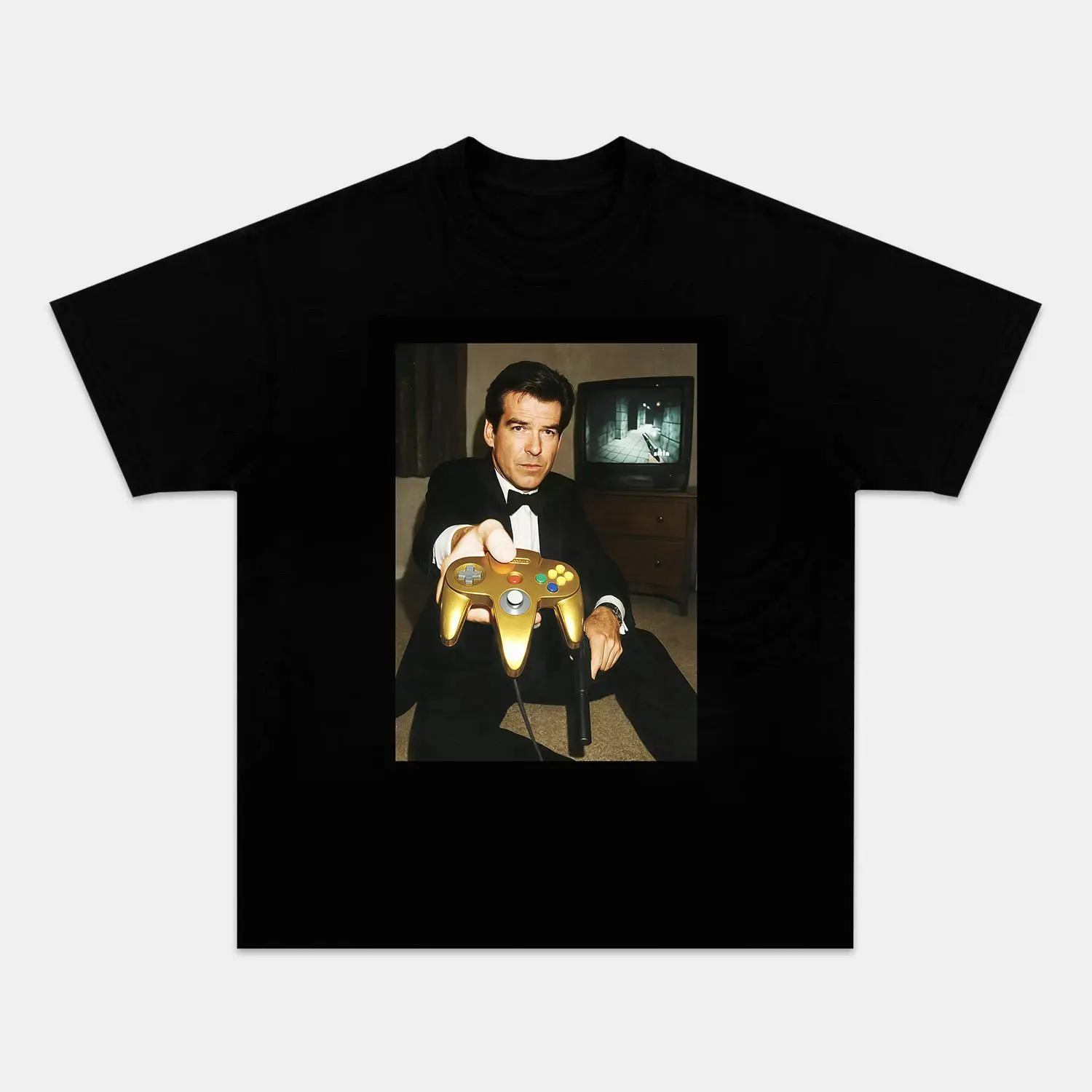 Retro Video Game Gold Controller Photo Print Graphic Tee, Vintage 90s Gamer Streetwear T-Shirt, Washed or Black Cotton Unisex Distressed Top