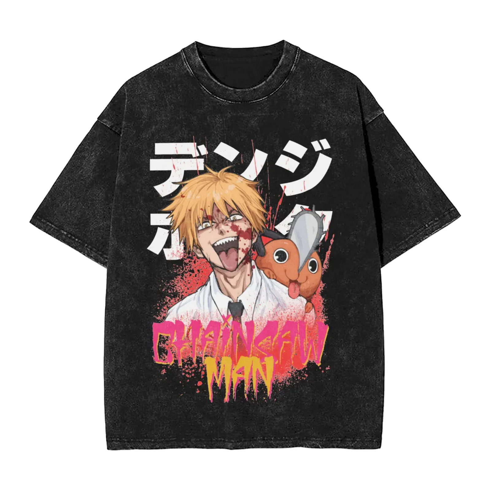 Chainsaw Man Denji and Pochita Anime Graphic Tee, Retro Distressed Vintage Washed Cotton T-Shirt, Funny Anime Print Streetwear Unisex Shirt