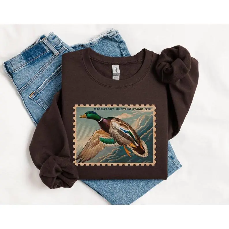 Vintage Waterfowl Stamp Art Sweatshirt, Retro Mallard Duck Illustration Crewneck, Nature Lover Birdwatching Wildlife Pullover