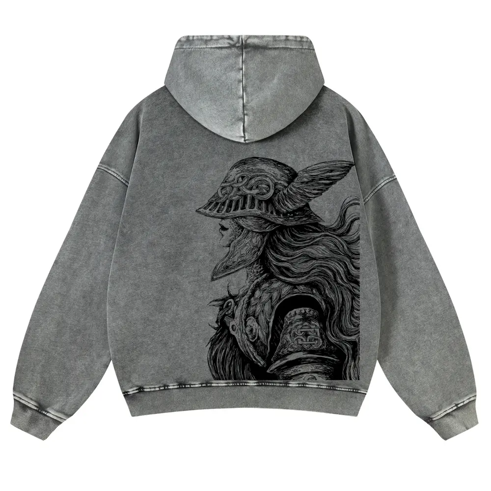 Elden Ring Washed Hoodie, Vintage 80s 90s Anime Game Graphic Double-Sided Heavyweight 380G Acid Wash Unisex Pullover Streetwear Sweatshirt