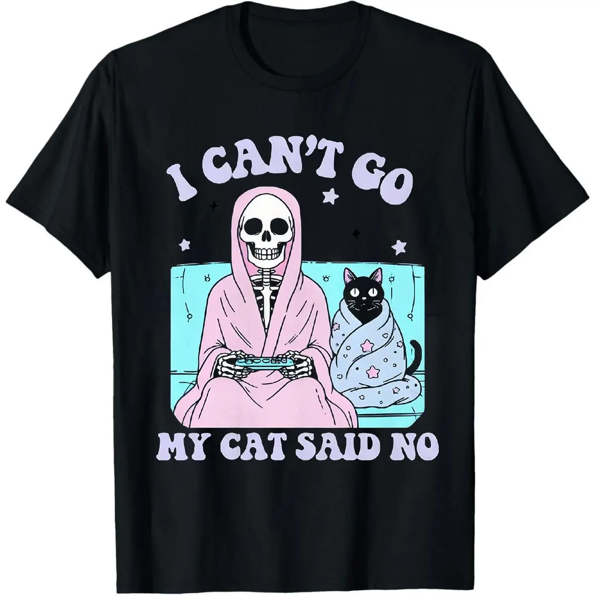 I Can't Go My Cat Said No Skeleton Gamer Graphic Tee, Funny Skull and Cat Vintage Washed T-Shirt, Cozy Introvert Hoodie and Sweatshirt