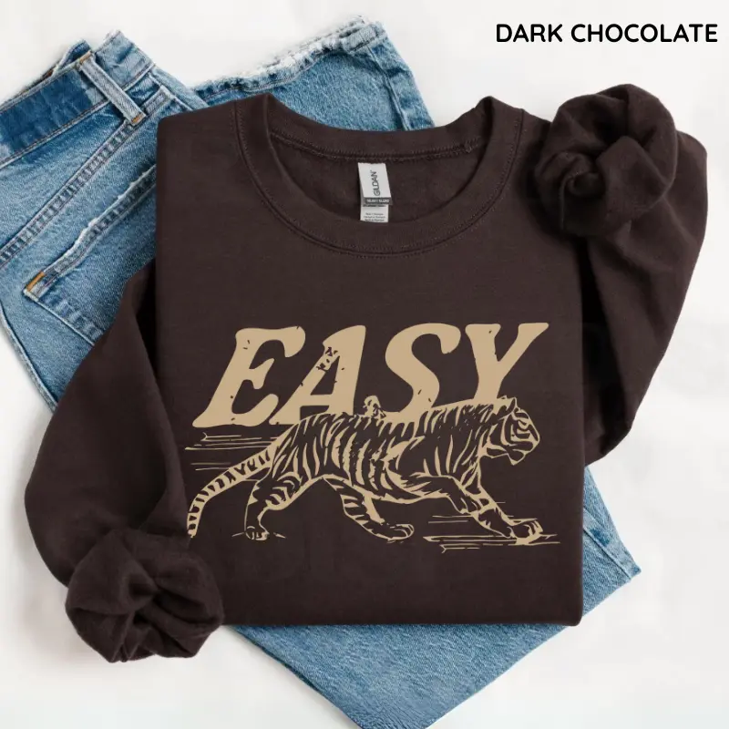 Easy Tiger Vintage Style Crewneck Sweatshirt, Trendy Retro Tiger Graphic Festival Clothing, Cozy Pullover Top and Matching Tee Option