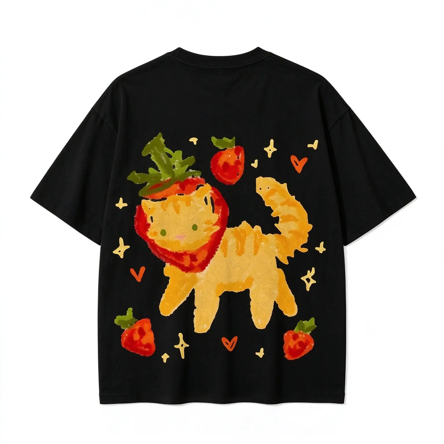 Whimsical Strawberry Cat Painted Art Graphic Tee, Cute Funny Kitty Hat Vintage Washed Distressed Oversized Unisex Crew Neck Cotton T-Shirt