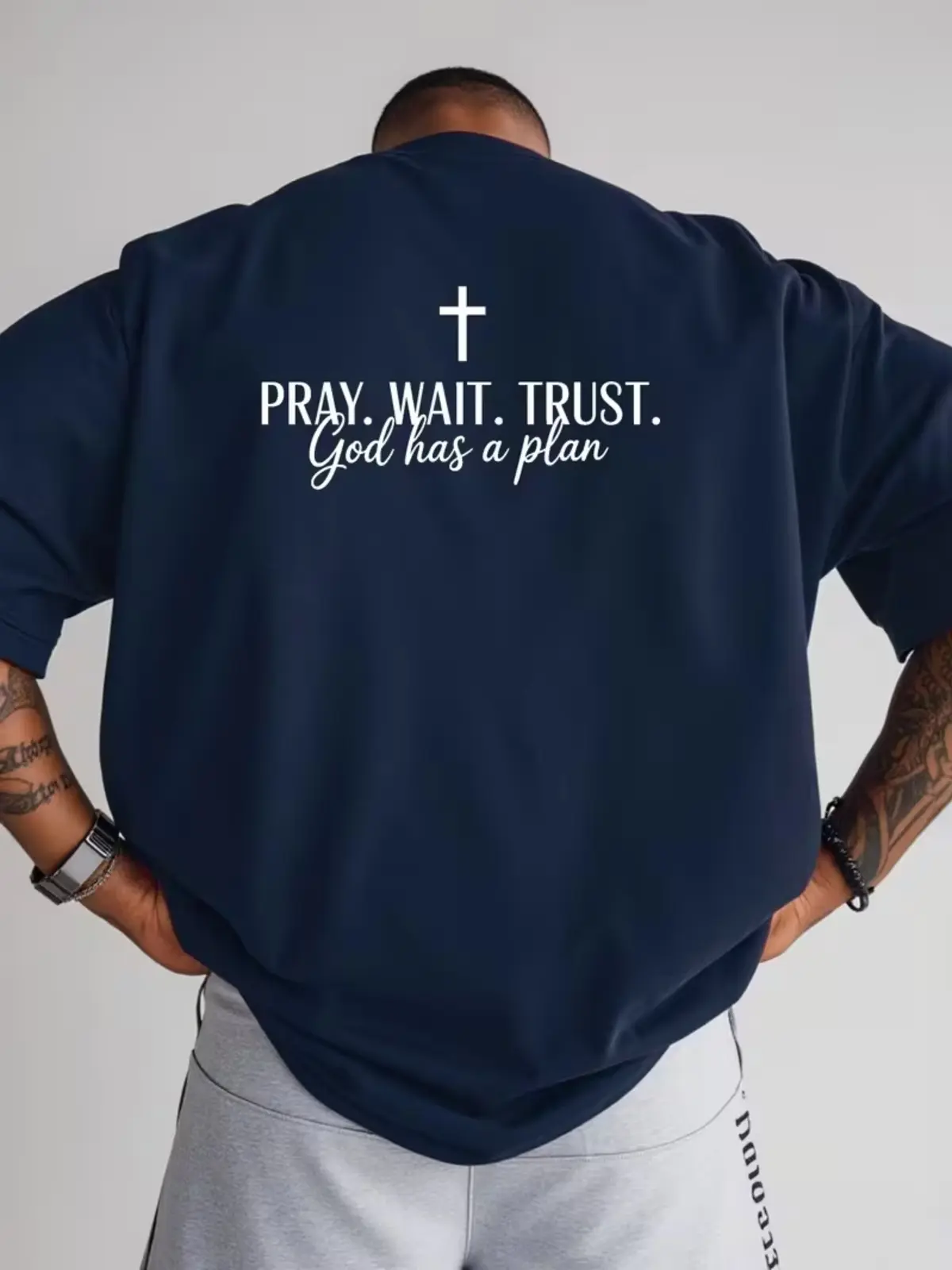 Pray Wait Trust God Has A Plan Christian Cross Graphic Tee, Faith Based Church Wear Front and Back Print Oversized Baggy Streetwear T-Shirt