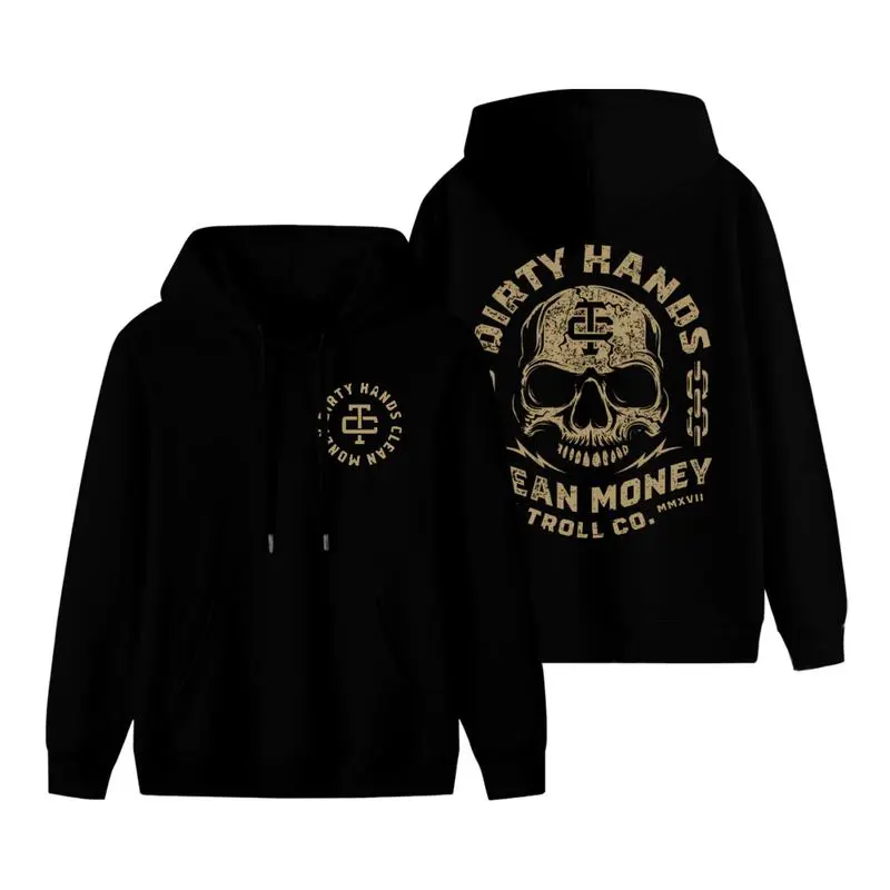 Dirty Hands Clean Money Troll Co Skull Graphic Hoodie, Heavyweight Hustle and Grit Streetwear Front and Back Print Casual Pullover Sweatshirt