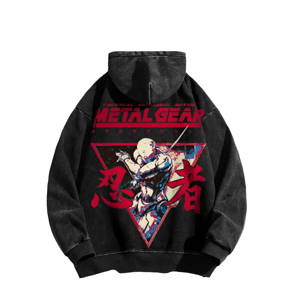 Metal Gear Solid Tactical Edition Cyborg Ninja Graphic Hoodie, Vintage Washed 90s Retro Gaming Anime Streetwear Double-Sided Unisex Hoodie