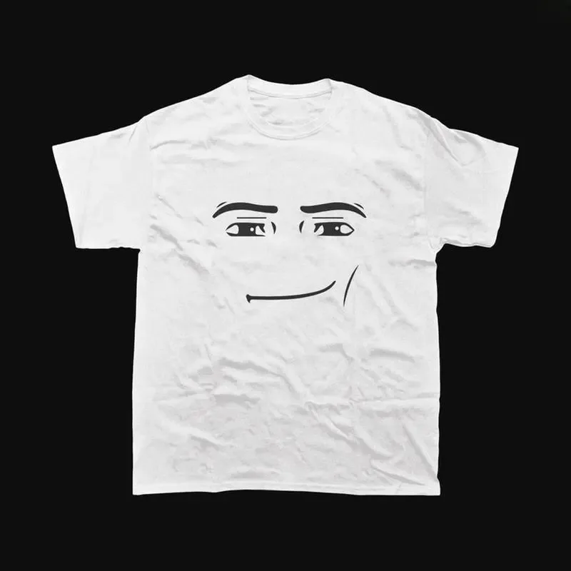 Roblox Man Face Funny Meme Graphic Tee, Cute Gamer Smirk Face Crew Neck 100 Percent Cotton Streetwear Casual Unisex Adult T-Shirt