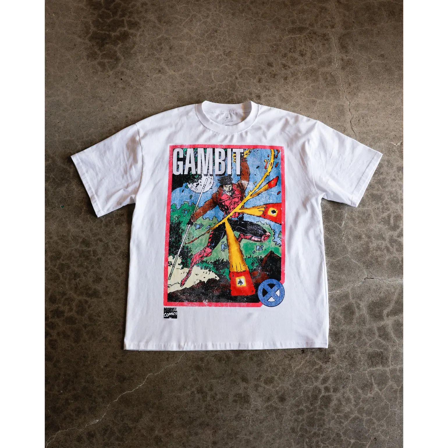 Marvel X-Men Gambit You're Out of Chances Vintage Comic Book Graphic Tee, Retro 90s Double-Sided Heavyweight Boxy White T-Shirt