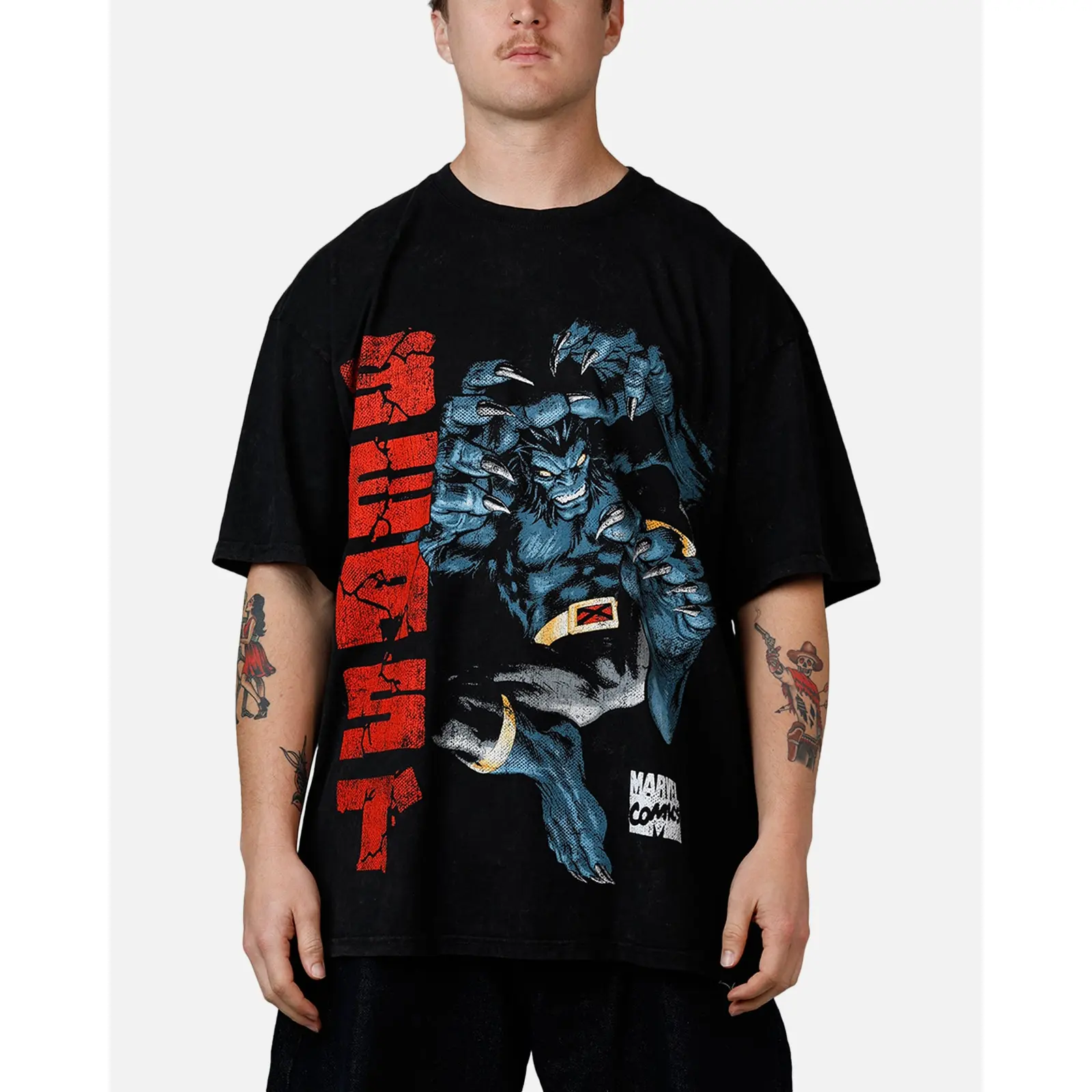 Marvel X-Men Beast Vintage Comic Graphic Tee, 90s Retro Superhero Front and Back Print Black Acid Wash Oversized Streetwear T-Shirt