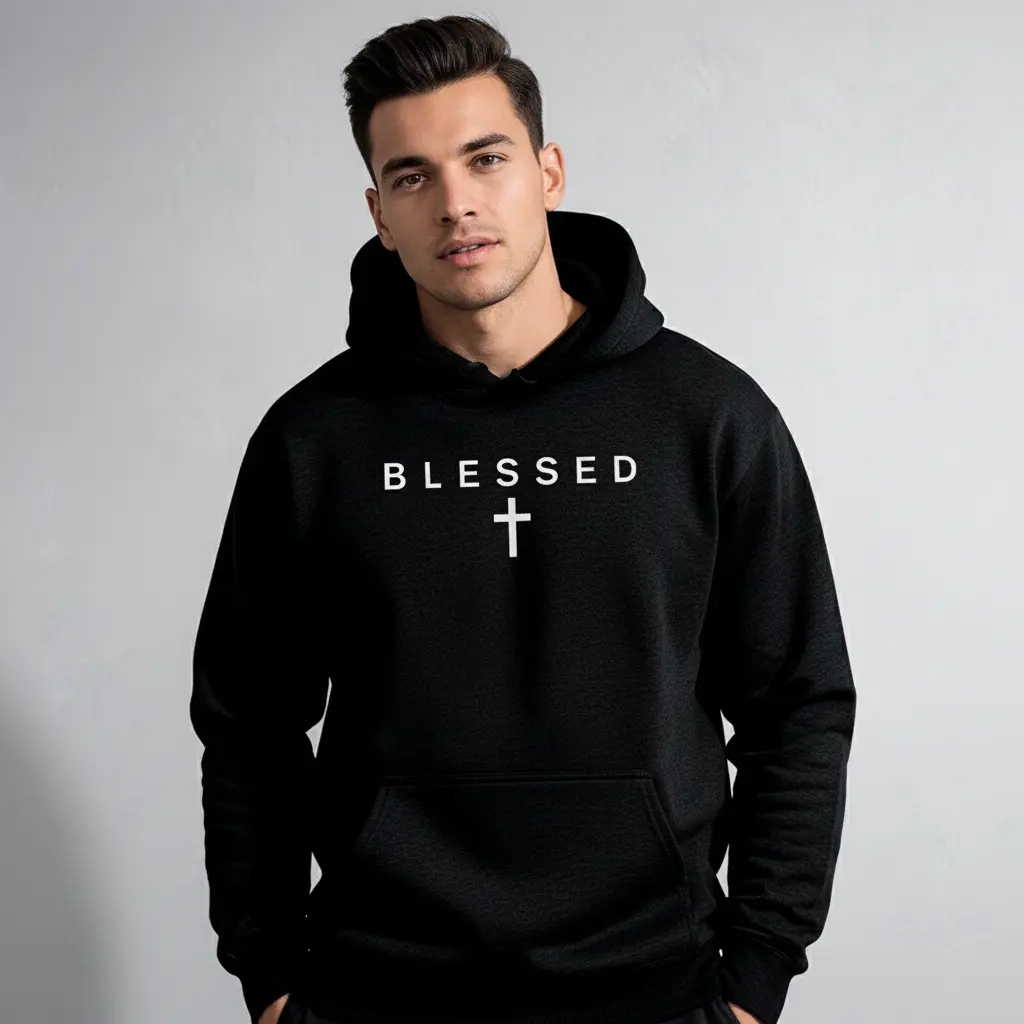 Blessed Christian Cross Minimalist Slogan Graphic Hoodie, Faith Based Cotton Blend Pullover Hooded Sweatshirt, Urban Streetwear Casual