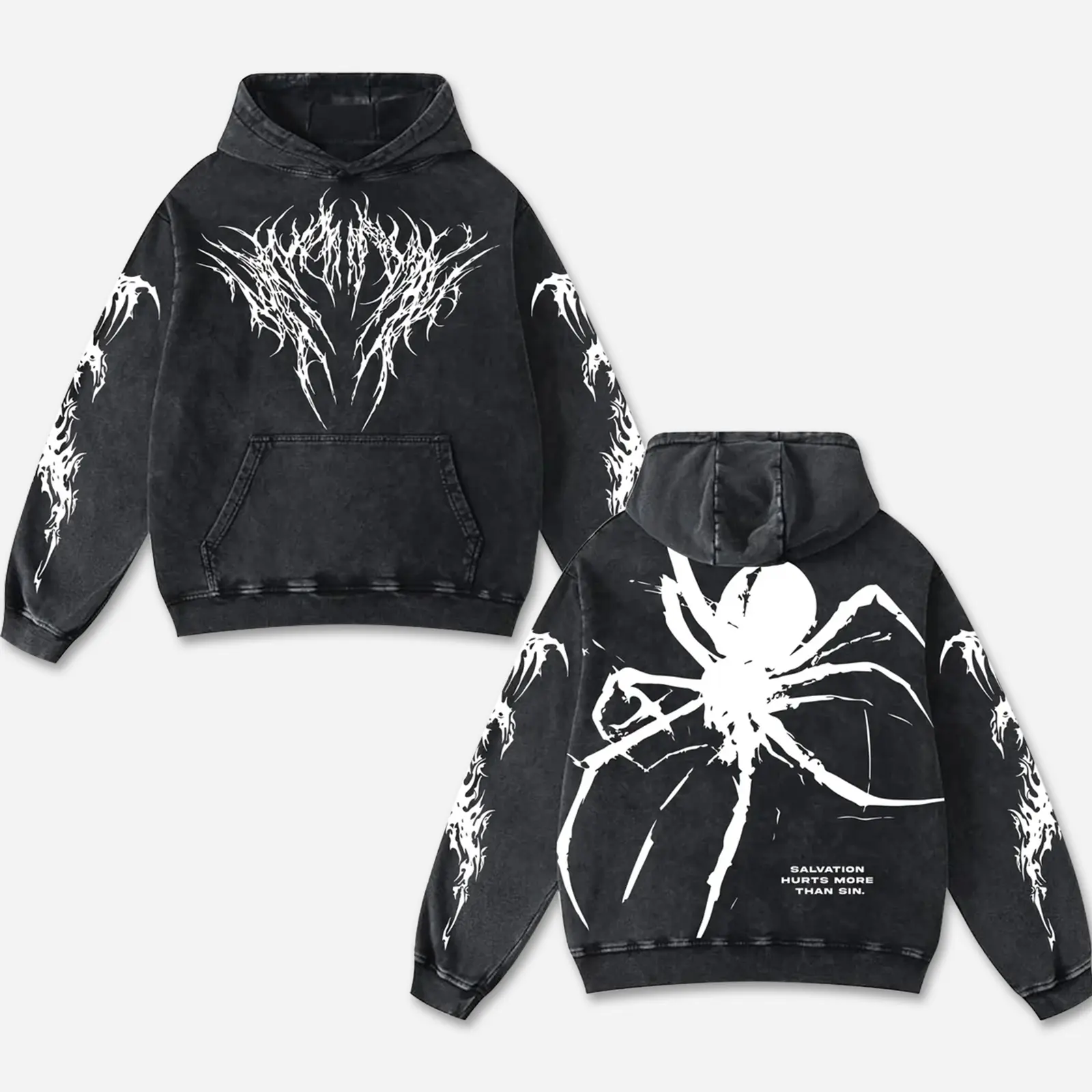Salvation Hurts More Than Sin Retro Washed Black Gothic Hoodie and Tee, Demon Tribal Spider Dark Art Streetwear Motorcycle Graphic Shirt