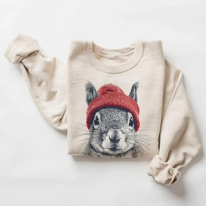 Retro Squirrel Wearing Red Beanie Vintage Wildlife Graphic Sweatshirt, Cute Woodland Animal Sketch Print Unisex Crewneck Pullover Sweater