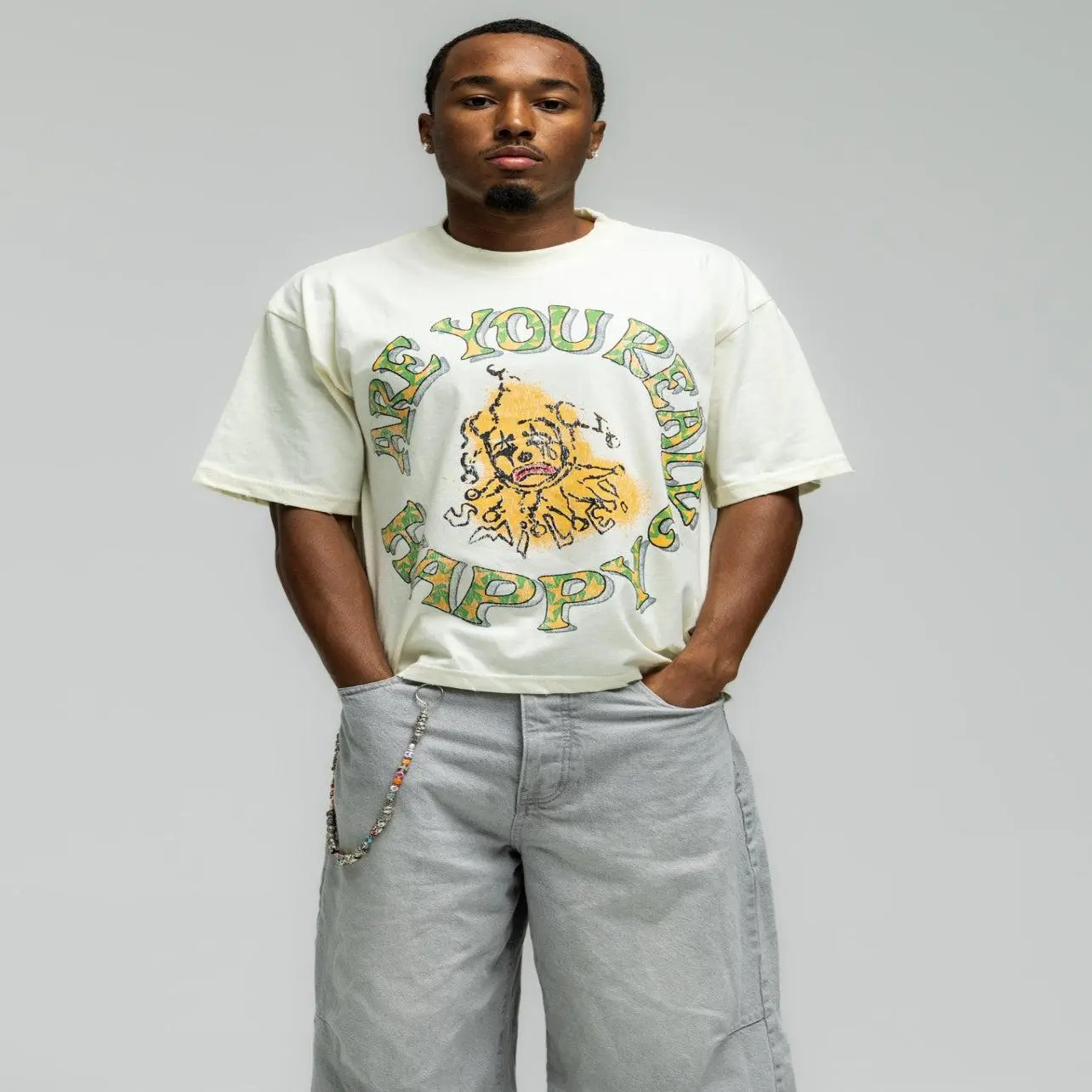 Are You Really Happy Sad Clown Vintage Circus Graphic Tee, Retro Distressed Print Boxy Oversized Streetwear Cotton T-Shirt