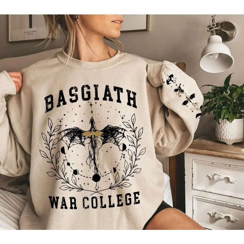 Basgiath War College Sweatshirt, Violet Sorrengail Fourth Wing Merch, Dragon Rider Crewneck with Sleeve Print, Fantasy Book Lover Pullover