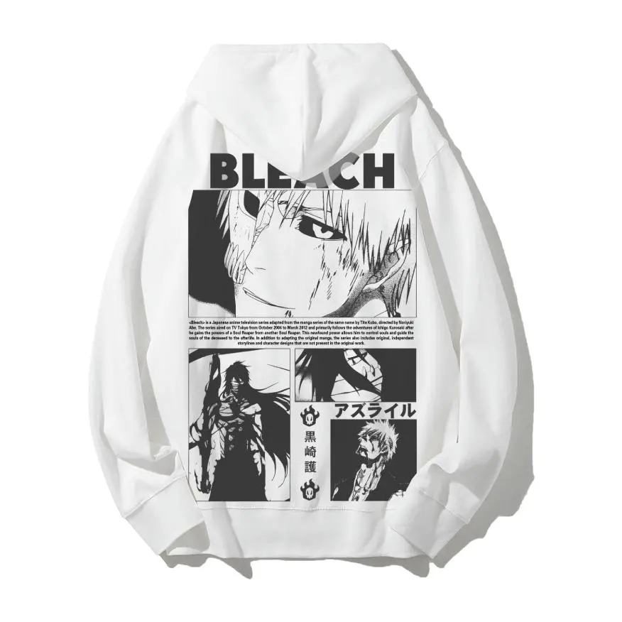 Bleach Ichigo Mask Zangetsu Anime Graphic Hoodie, Manga Panel Double-Sided Print Heavyweight Baggy Streetwear Unisex Pullover Hoodie