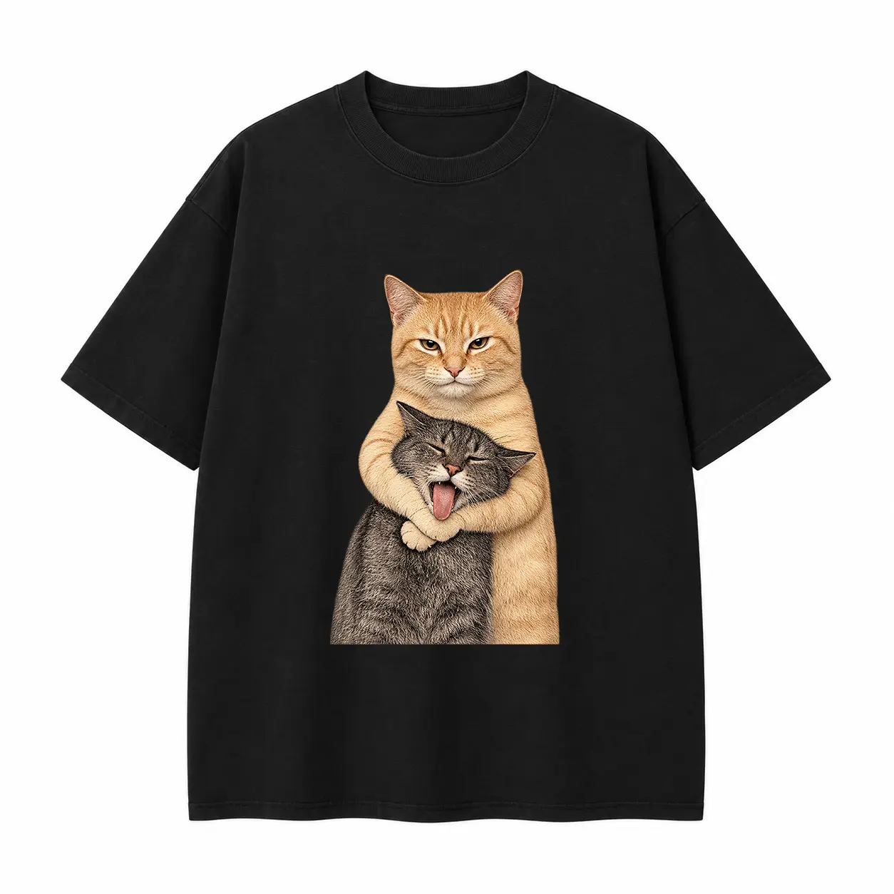 Funny Cat Quarrel Meme Graphic Tee, Orange Cat Headlock Print Vintage Washed Oversized Heavyweight T-Shirt, Sweatshirt and Hoodie Streetwear