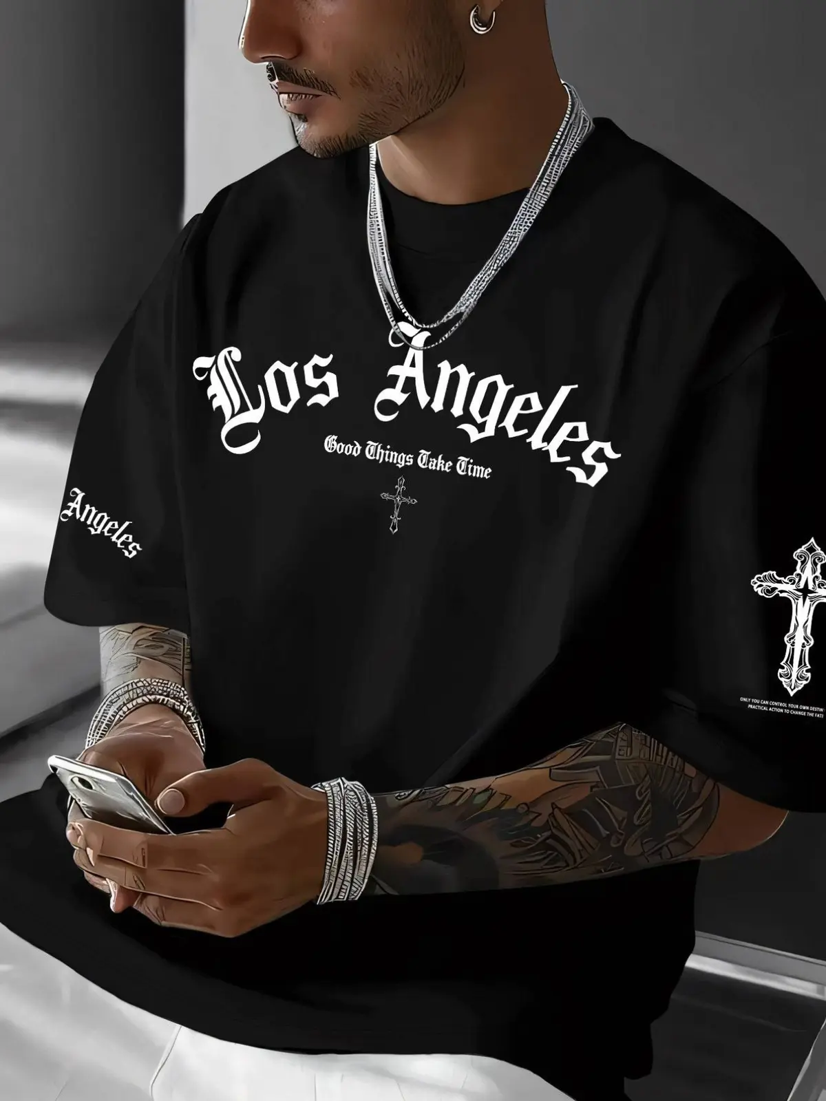 Los Angeles Good Things Take Time Old English Letter Cross Print Graphic Tee, Oversized Streetwear Summer Beach Life Unisex Cotton T-Shirt