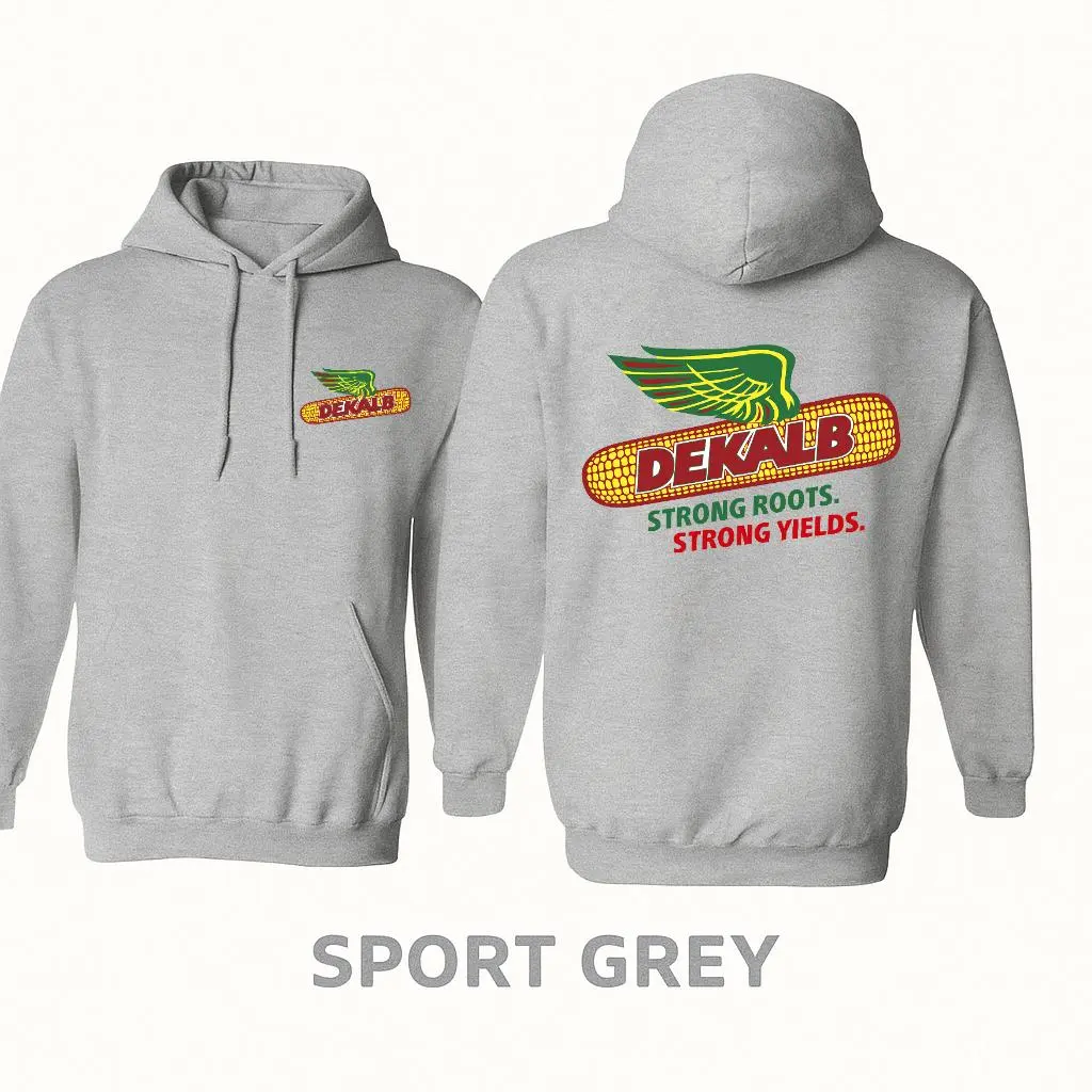 DEKALB Strong Roots Strong Yields Vintage Farming Graphic Hoodie, Corn Seed Agriculture Logo Front and Back Print Pullover Sweatshirt