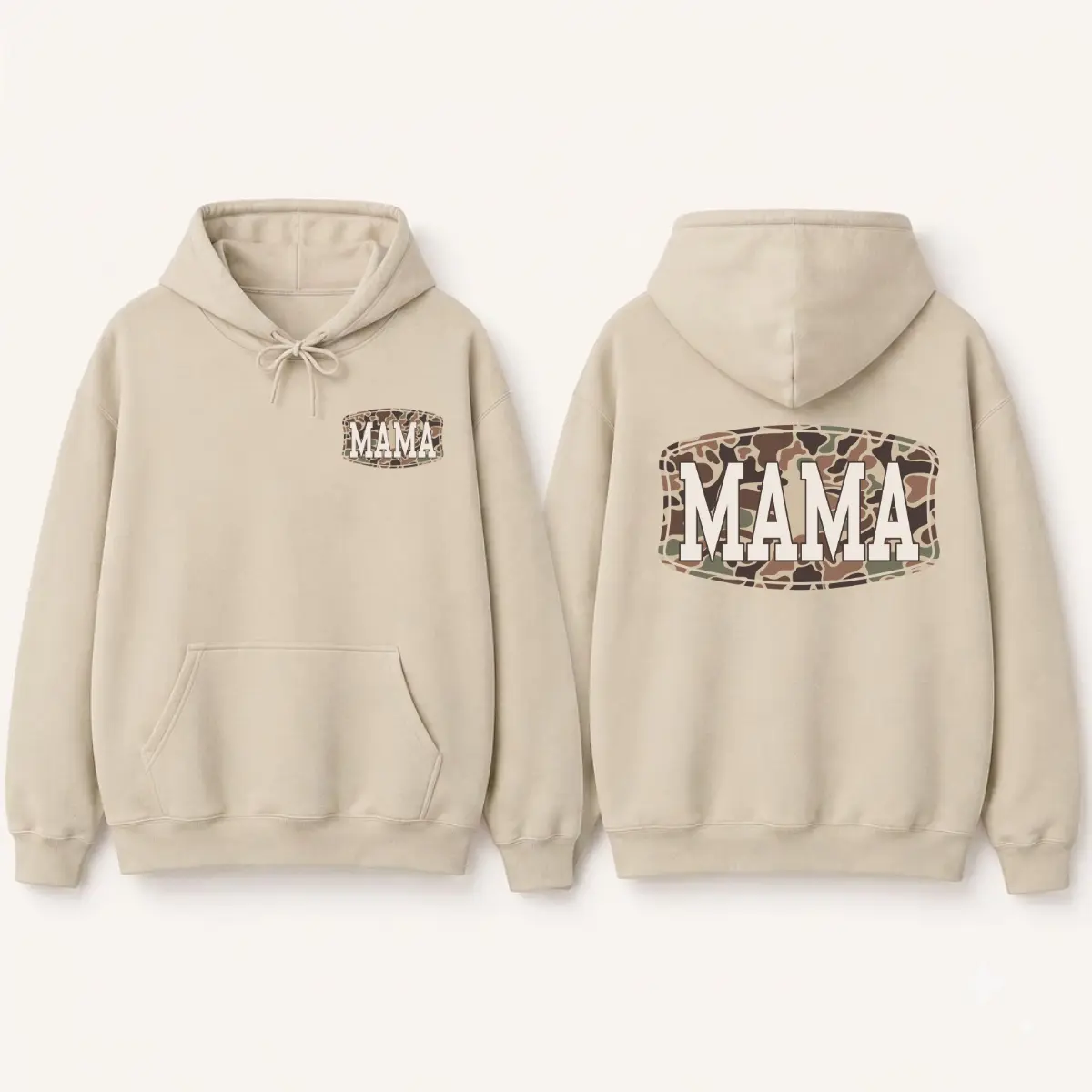 Camo Mama Two-Sided Hoodie, Trendy Camouflage Graphic Pullover for Moms, Front and Back Print Casual Streetwear Hooded Sweatshirt for Women