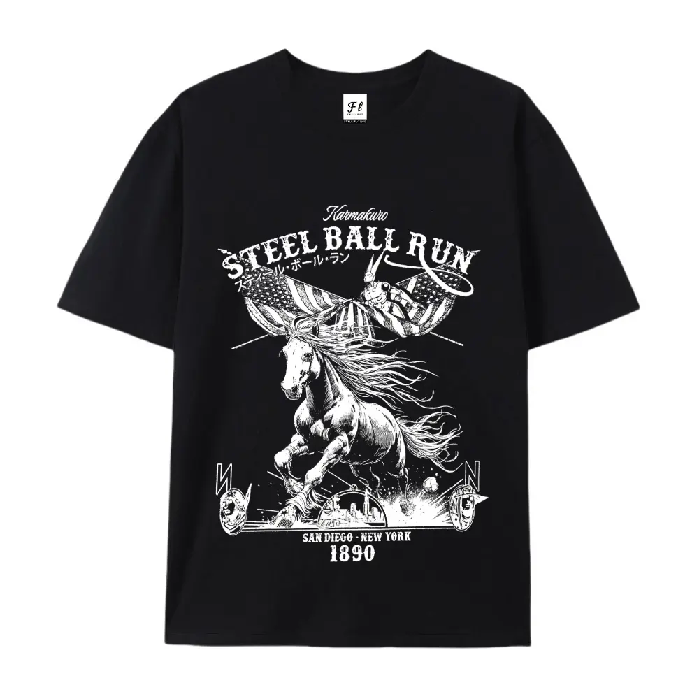 Steel Ball Run JoJo's Bizarre Adventure Horse Racing Anime Graphic Tee, American Flag 1890 San Diego New York Unisex Cotton T-Shirt