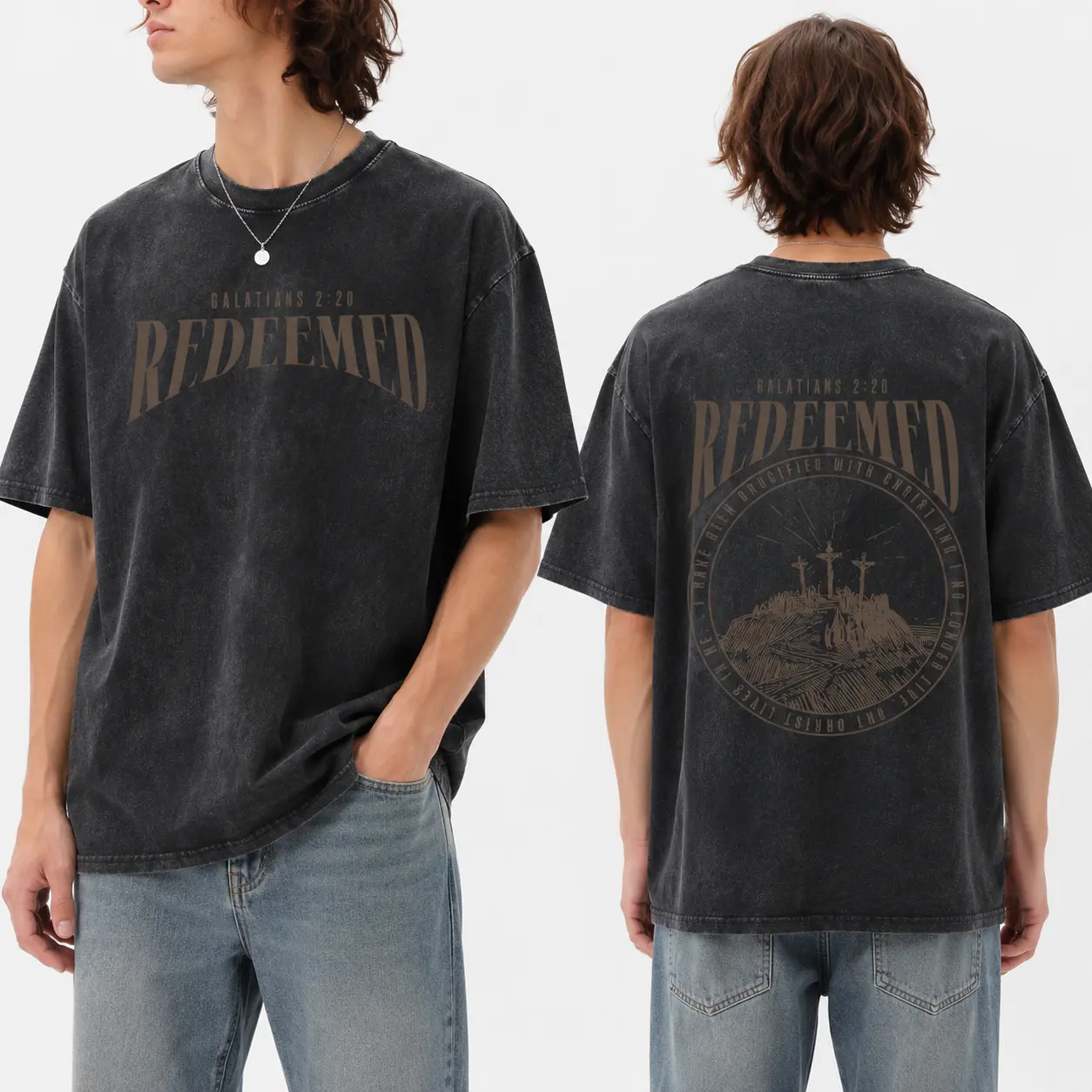 Redeemed Galatians 2 20 Three Crosses Christian Graphic Tee and Hoodie, Vintage Retro Washed Scripture Double-Sided Print Streetwear Top
