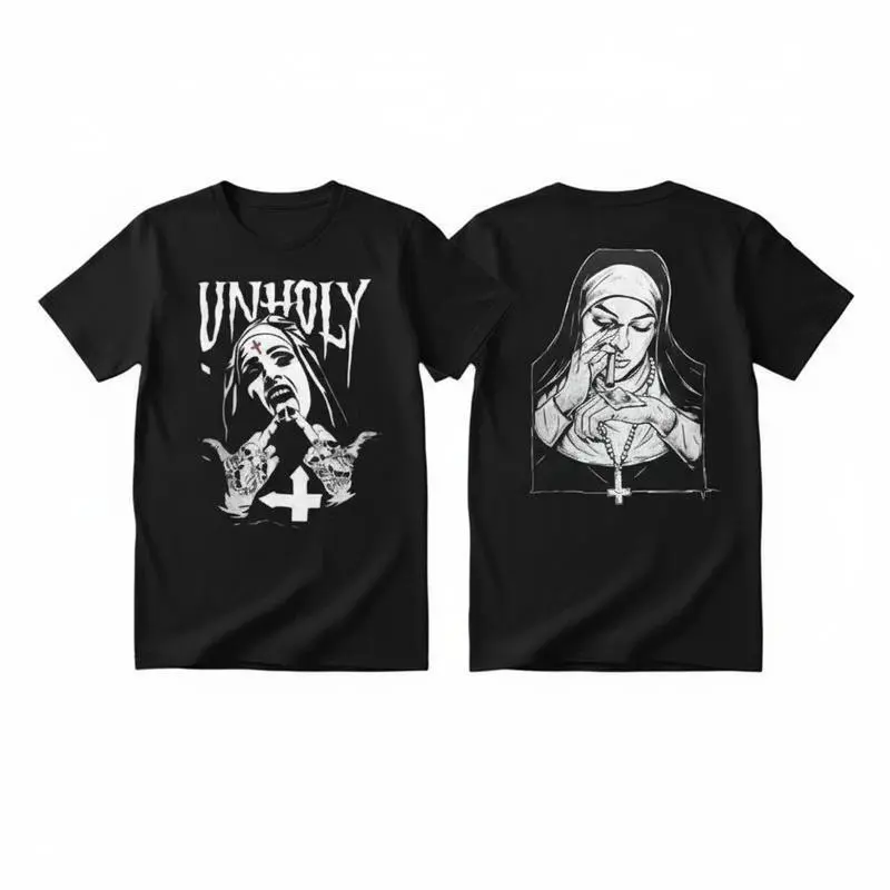 Unholy Nun Gothic Graphic Hoodie and Tee, Edgy Dark Alternative Fashion Bold Character Double-Sided Print Streetwear Pullover Hoodie
