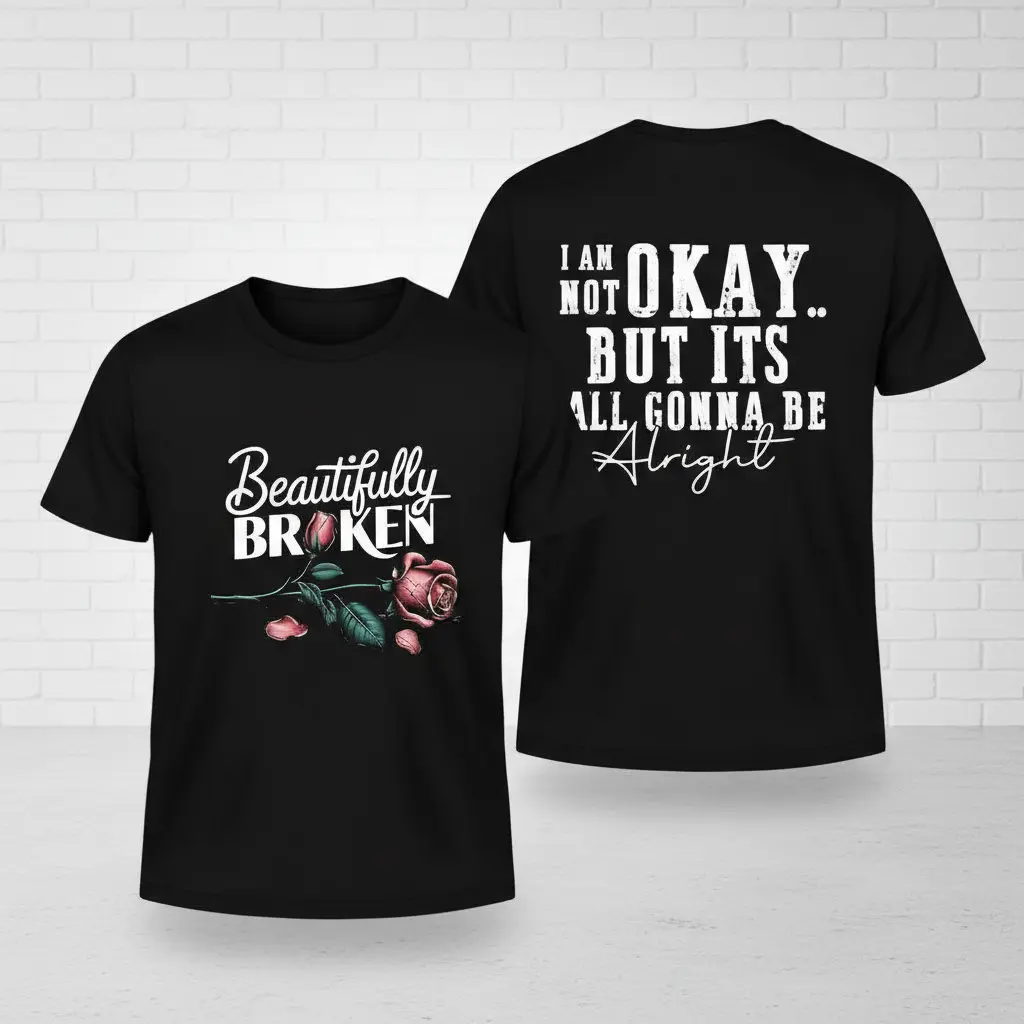Beautifully Broken Rose Country Music Graphic Hoodie, I Am Not Okay Two-Sided Print Streetwear Pullover Hoodie, Sweatshirt or T-Shirt