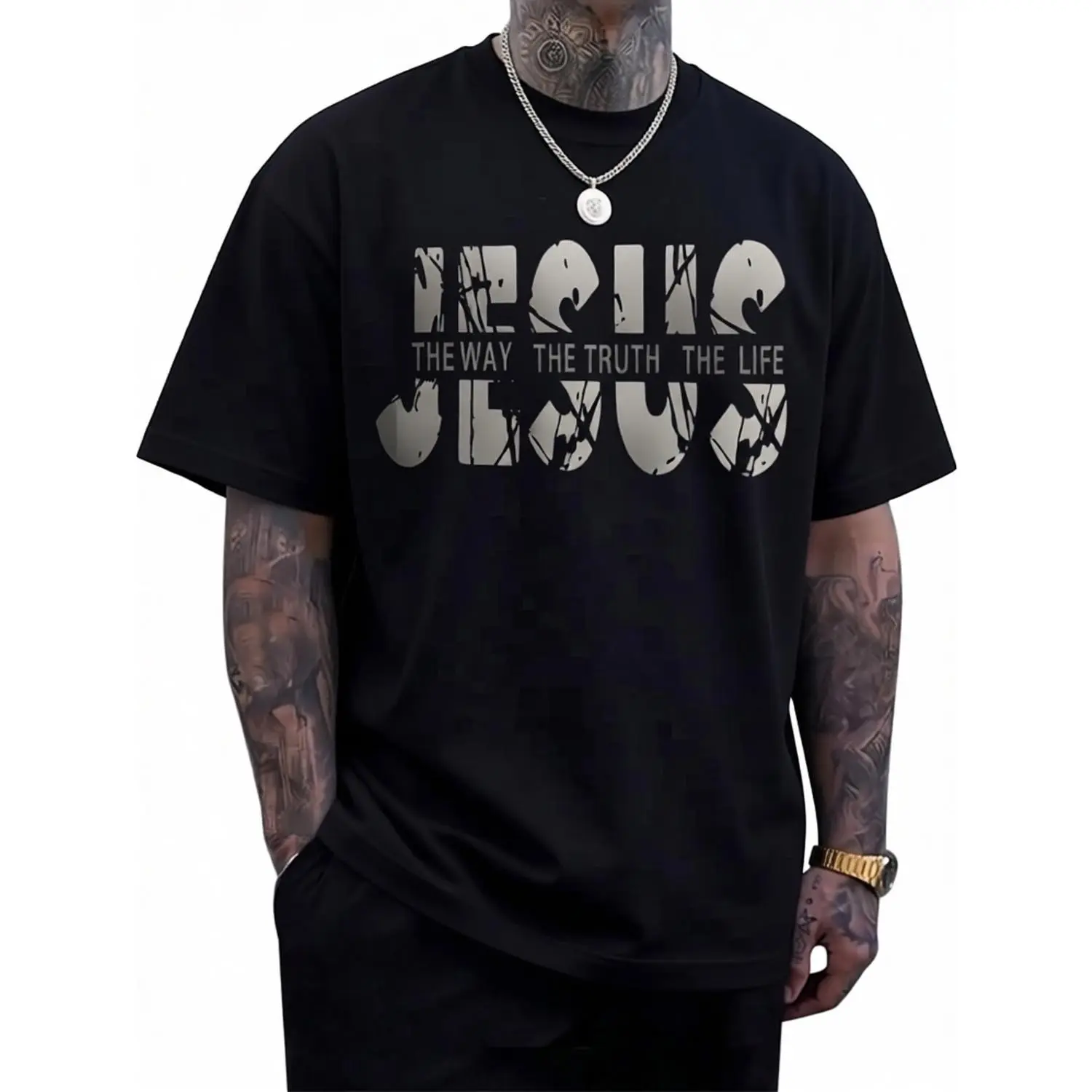 Jesus The Way The Truth The Life Christian Faith Graphic Tee, Bible Verse Cross Silhouette Streetwear Oversized Cotton Unisex T-Shirt