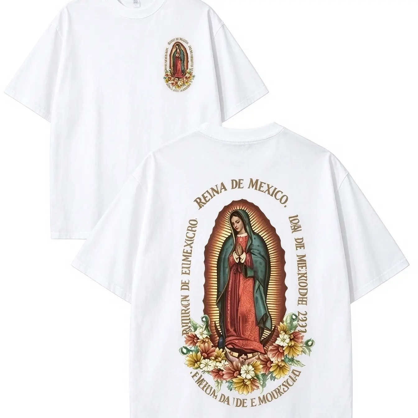Virgin of Guadalupe Reina de Mexico Flower Portrait Faith Culture Graphic Tee, Vintage Washed Double-Sided Oversized T-Shirt and Hoodie