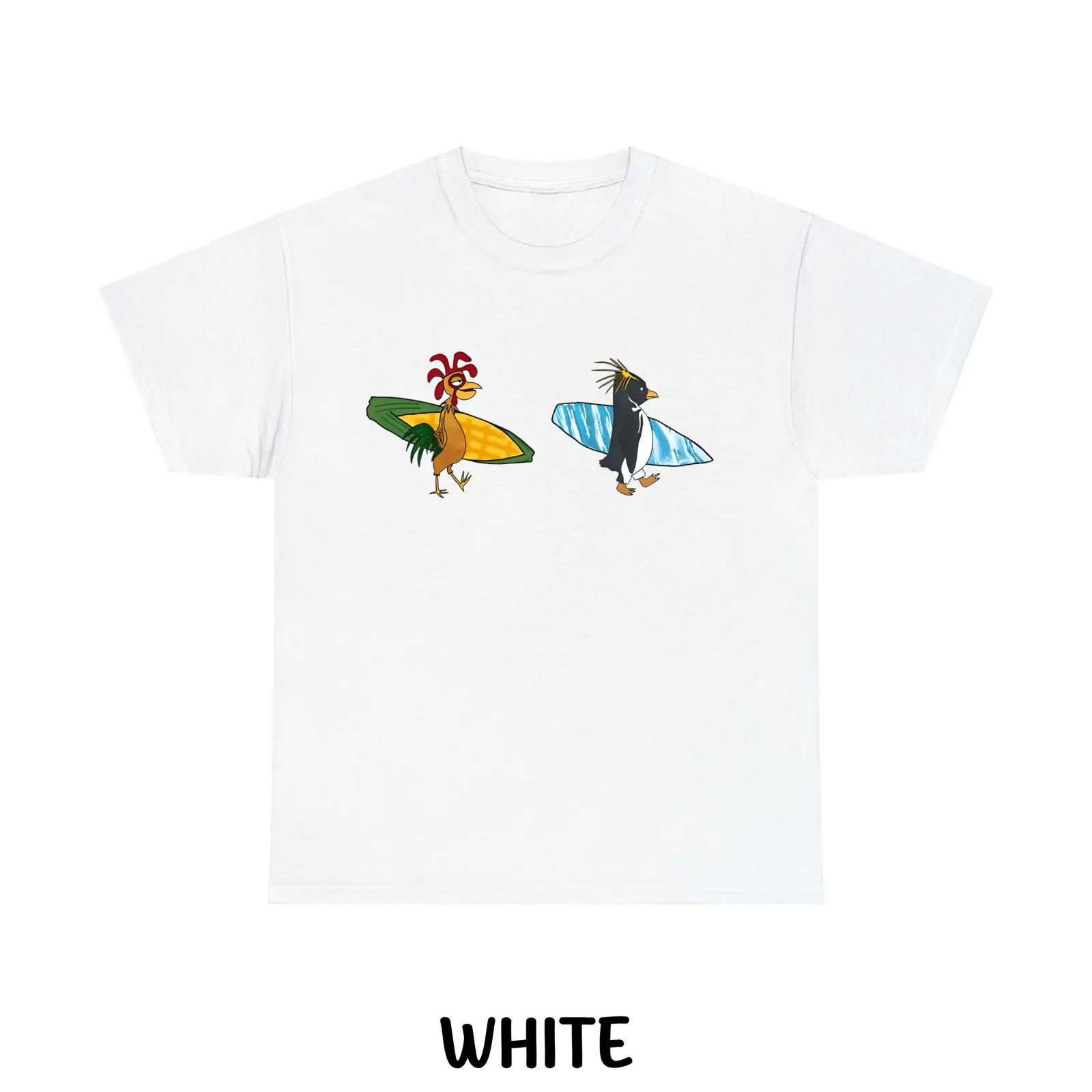 Cody Maverick and Chicken Joe Surfs Up Funny Cartoon Graphic Tee, Retro Surfing Penguin and Rooster Movie Meme Unisex Cotton Streetwear T-Shirt